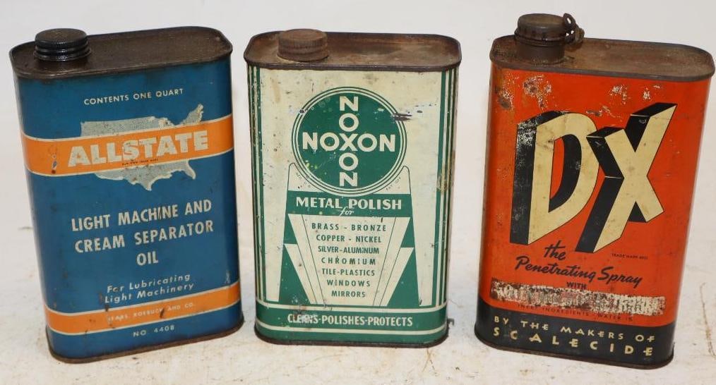 Group of 3 All State, Noxon, and DX Metal One Quart Oil Cans: 4.5" x 2.25" x 7.5" each