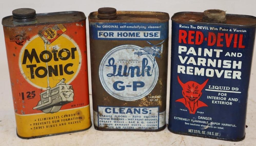 Group of 3 Motortonic, Gunk G-P, and Red Devil Metal One Quart Oil Cans and Paint Remover: 4.5" x 2.25" x 7.5" each