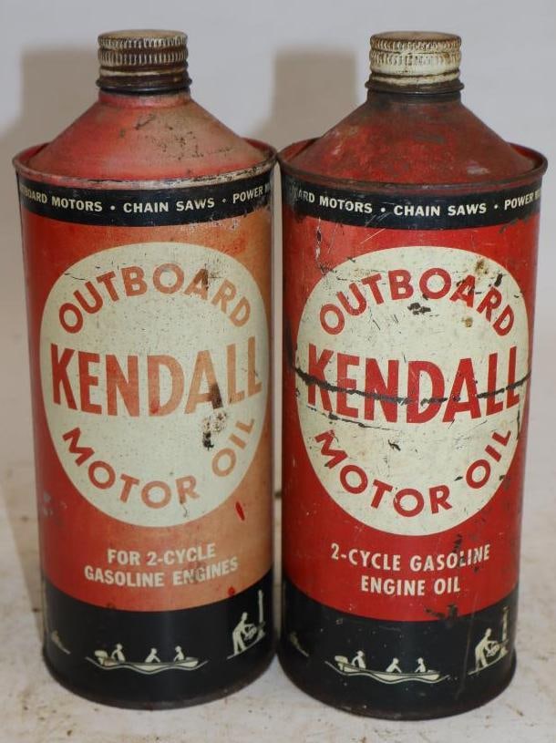 Group of 2 Kendall Two-Cycle One Quart Cone Top Metal Outboard Oil Cans: 3.25" x 3.25" x 8.5" each
