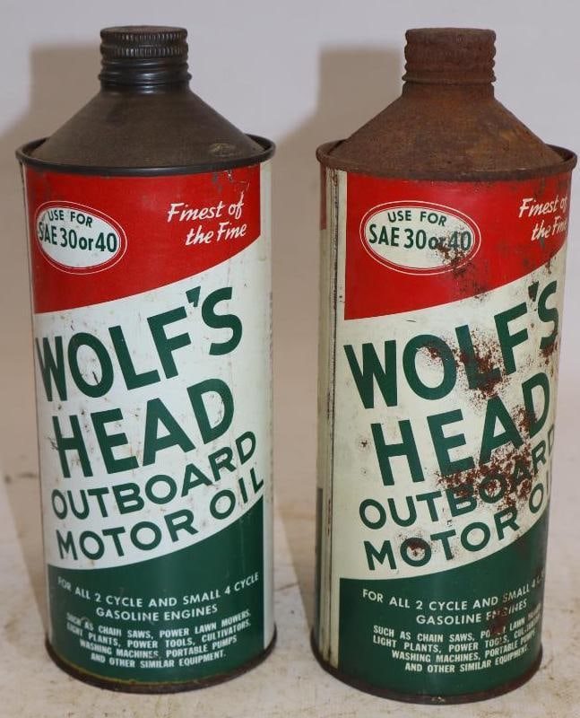 Group of 2 Wolf's Head One Quart Cone Top Metal Outboard Oil Cans: 3.25" x 3.25" x 8.5" each