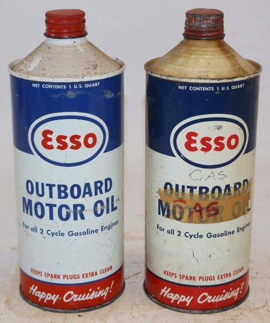 Group of 2 Esso One Quart Cone Top Metal Outboard Oil Cans: 3.25" x 3.25" x 8.5" each