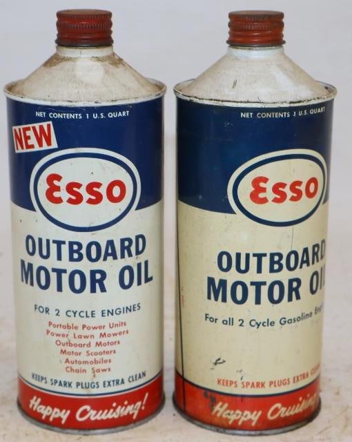 Group of 2 Different Esso One Quart Cone Top Metal Outboard Oil Cans: 3.25" x 3.25" x 8.5" each