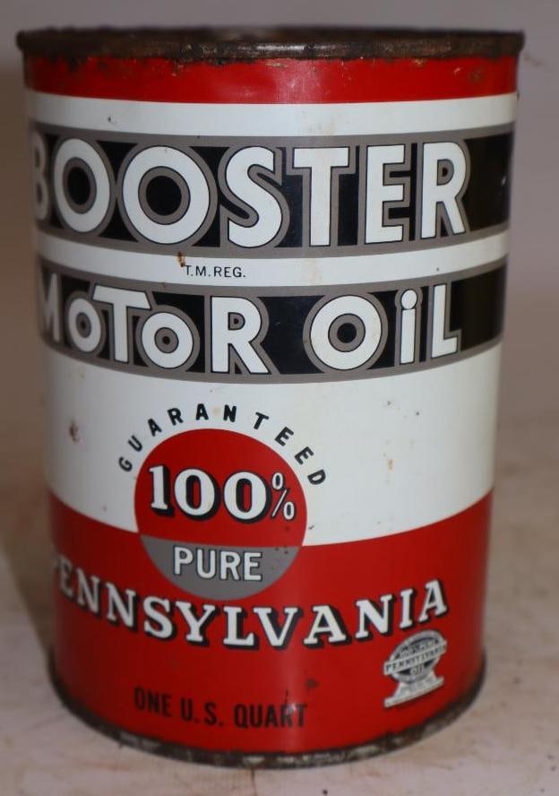 Booster One Quart Metal Oil Can: Missing top lid. Empty. 32oz