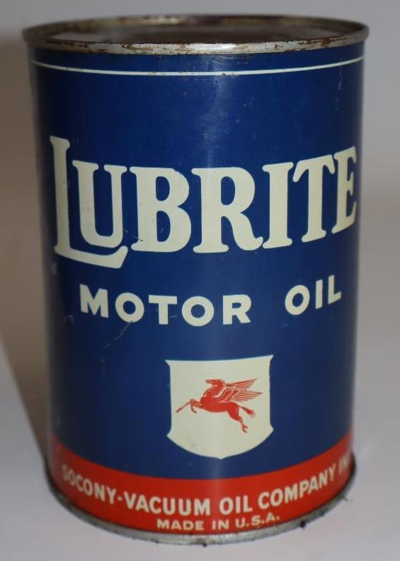 Socony-Vacuum Lubrite One Quart Metal Oil Can: Full. 32oz