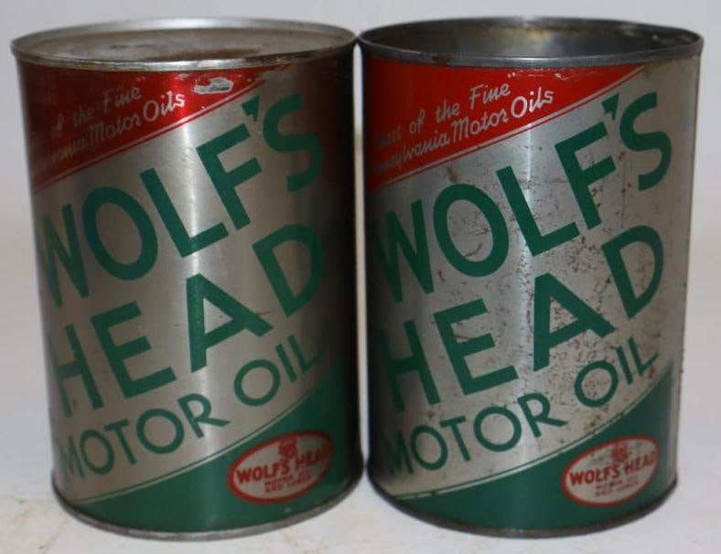 Group of 2 Wolf's Head HD One Quart Metal Oil Cans: One is missing lid. Empty. 32oz each