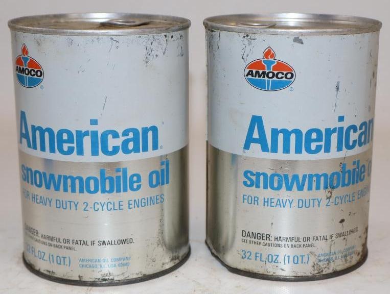 Group of 2 American Snow Mobile HD One Quart Metal Oil Cans: Empty. 32oz each