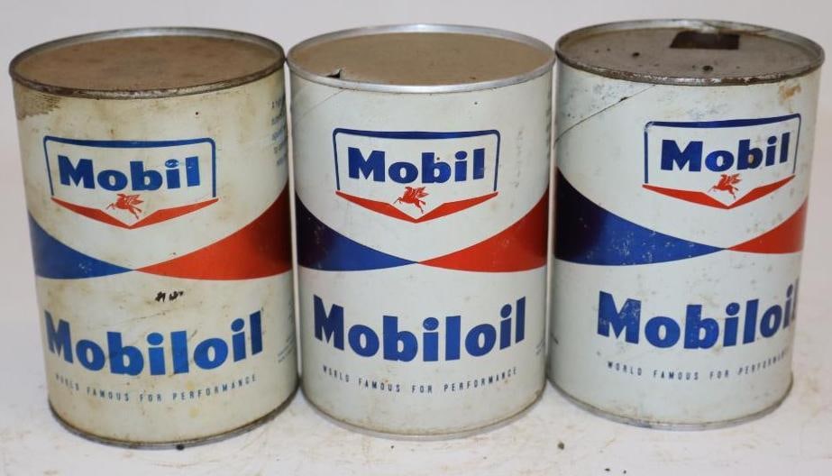 Group of 3 Mobiloil One Quart Composite Oil Cans: Empty. 32oz each