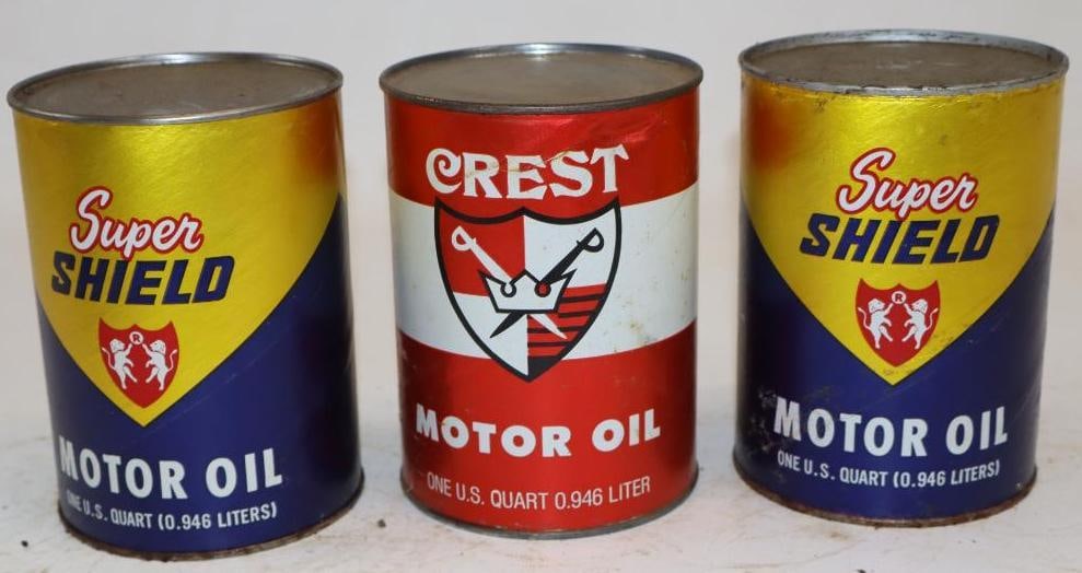 Group of 3 Super Shield, and Crest One Quart Composite Oil Cans: Empty. 32oz each