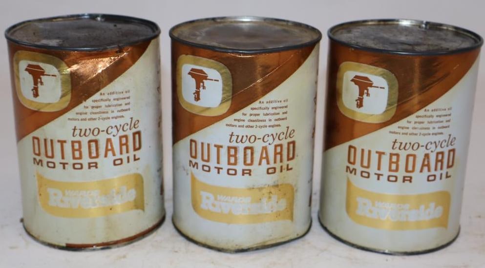 Group of 3 Riverside Outboard One Quart Composite Oil Cans: Empty. 32oz each