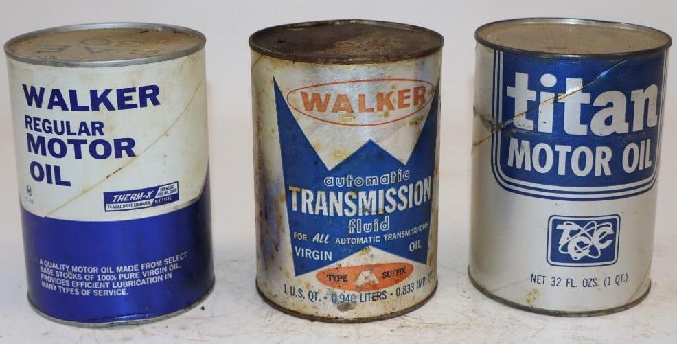 Group of 3 Walker, and Titan One Quart Composite Oil Cans: Empty. 32oz each