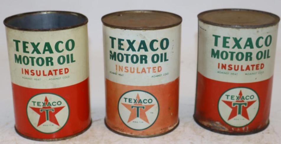 Group of 3 Texaco Insulated One Quart Metal Oil Cans: Empty. One is missing top lid. 32oz each