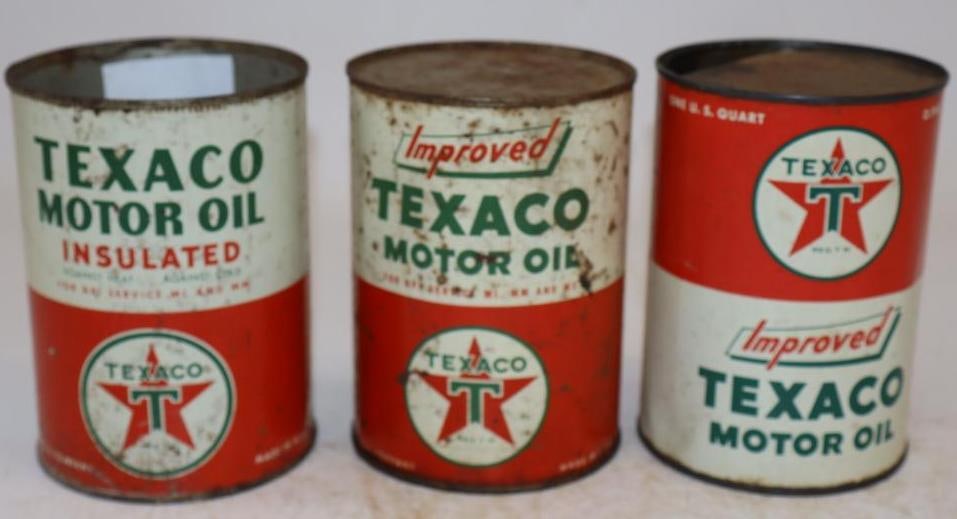 Group of 3 Texaco Insulated, and Improved One Quart Metal Oil Cans: Empty. One is missing top lid. 32oz each