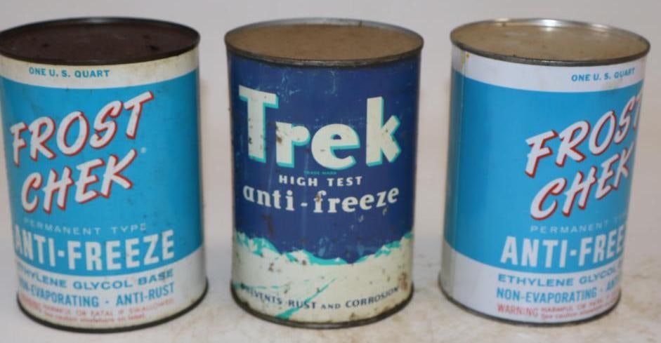 Group of 3 Frost Chek, and Trek Antifreeze One Quart Metal Oil Cans: Empty. 32oz each