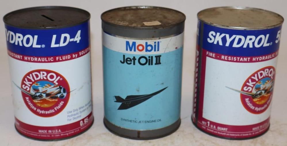 Group of 3 Skydrol, and Mobil Jet and Aviation Oil and Hydraulic Fluid One Quart Metal Oil Cans: Empty. 32oz each