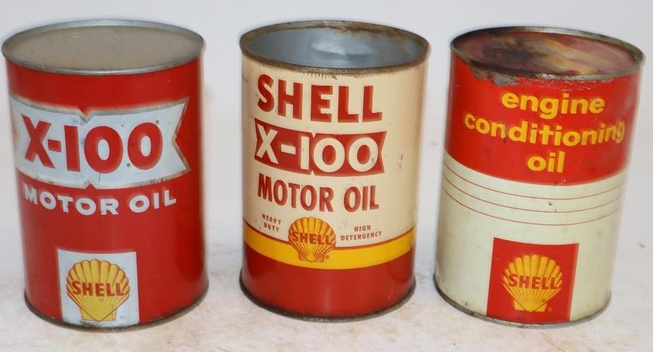 Group of 3 Different Shell One Quart Metal Oil Cans: Empty. One is missing top lid. 32oz each