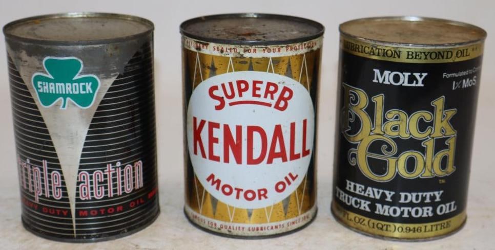 Group of 3 Shamrock, Kendall, and Black Gold One Quart Metal Oil Cans: Empty. 32oz each