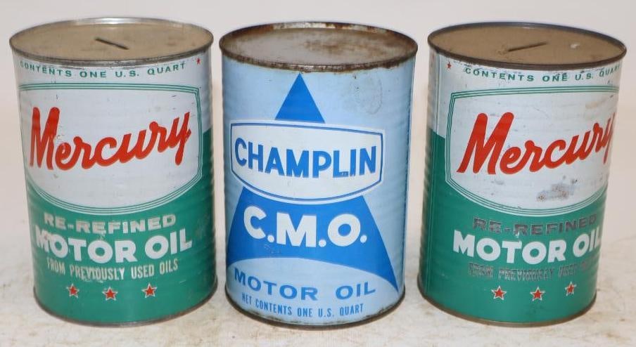 Group of 3 Mercury, and Champlin One Quart Metal Oil Cans: Empty. Both Mercuries are banks. 32oz each