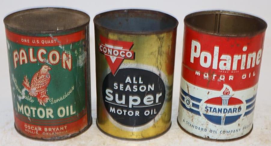 Group of 3 Falcon, Conoco, and Polarine One Quart Metal Oil Cans: Empty. Polarine and Conoco are missing top lid. 32oz each