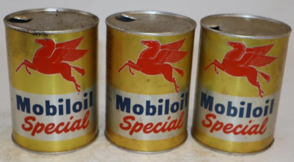 Group of 3 Mobiloil Special One Quart Aluminum Oil Cans: Empty. 32oz each