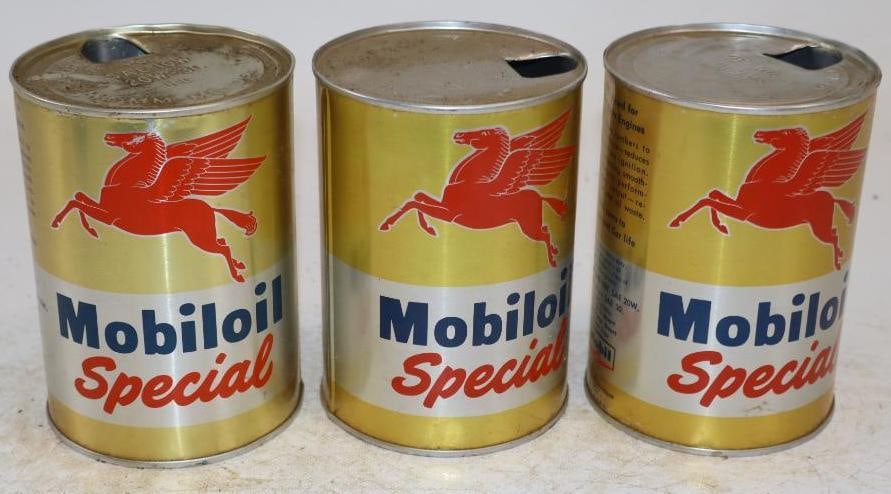 Group of 3 Mobiloil Special One Quart Aluminum Oil Cans: Empty. 32oz each