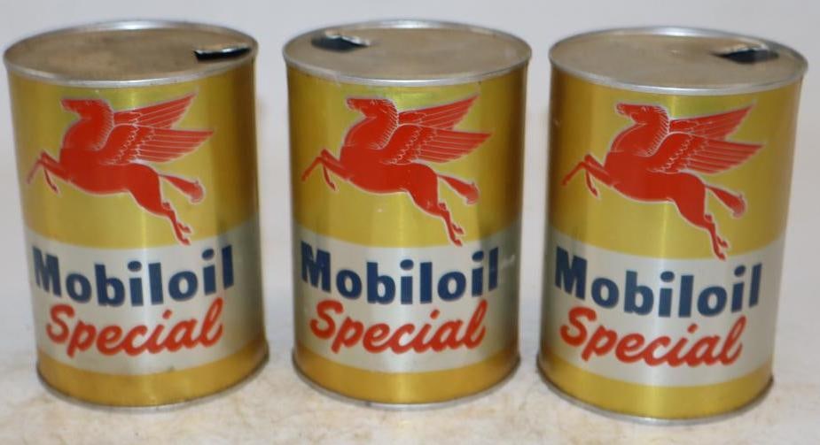 Group of 3 Mobiloil Special One Quart Aluminum Oil Cans: Empty. 32oz each