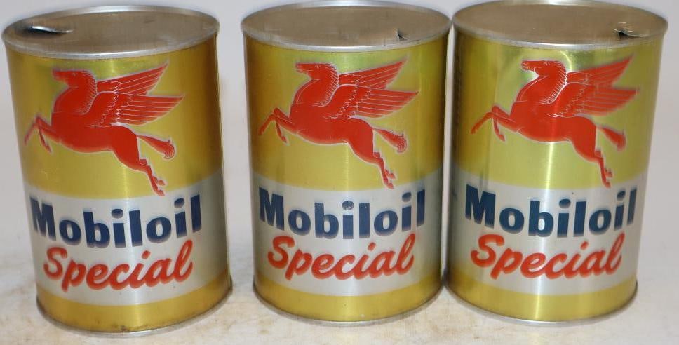 Group of 3 Mobiloil Special One Quart Aluminum Oil Cans: Empty. 32oz each