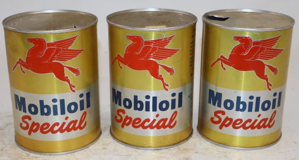 Group of 3 Mobiloil Special One Quart Aluminum Oil Cans: Empty. 32oz each