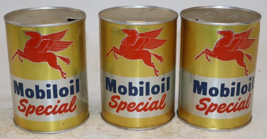 Group of 3 Mobiloil Special One Quart Aluminum Oil Cans: Empty. 32oz each