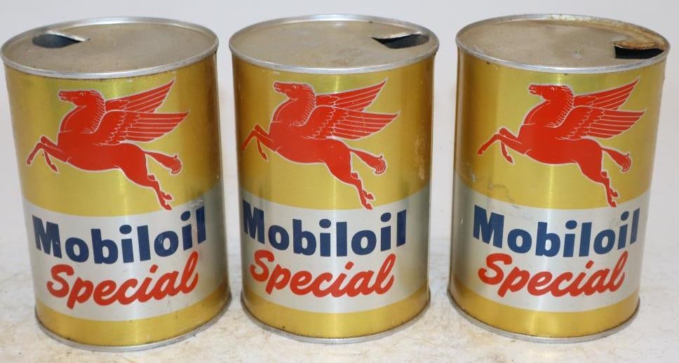 Group of 3 Mobiloil Special One Quart Aluminum Oil Cans: Empty. 32oz each