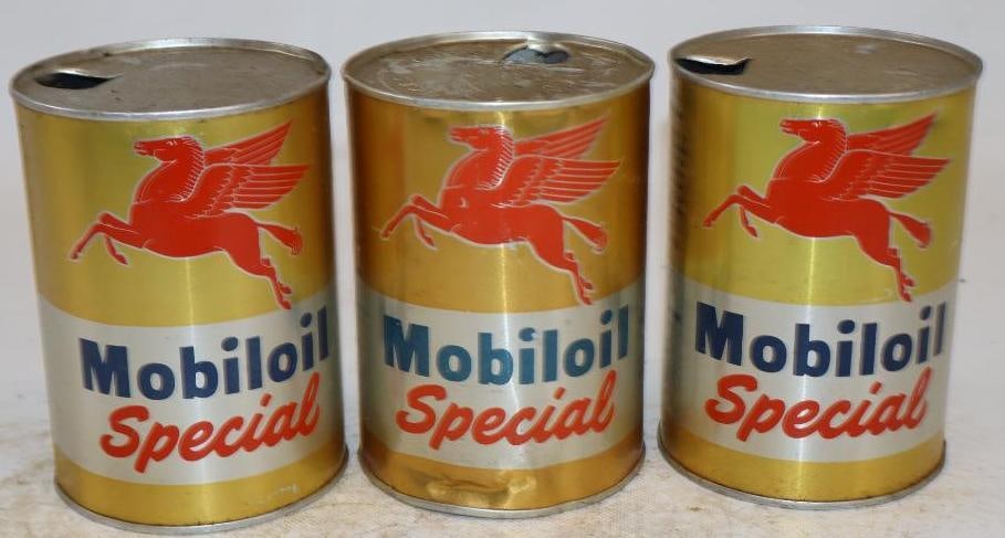 Group of 3 Mobiloil Special One Quart Aluminum Oil Cans: Empty. 32oz each