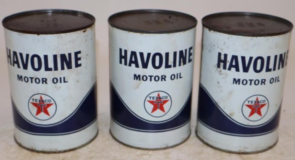 Group of 3 Texaco Havoline One Quart Metal Oil Cans: Full. Can be shipped empty upon request. 32oz each