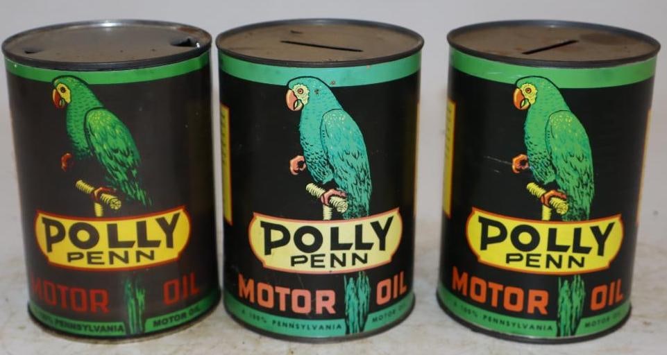Group of 3 Poly Penn Reproduction One Quart Metal Oil Cans: Empty. Paper labels wrapped around metal cans. Two are banks. 32oz each