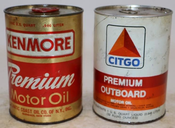 Group of 2 Citgo, and Kenmore Composite Outboar One Quart Oil Cans: Empty. 32oz