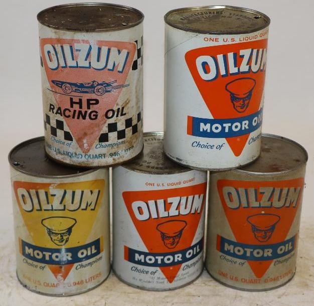 Group of 5 Oilzum One Quart Composite Oil Can: Empty. 32oz each