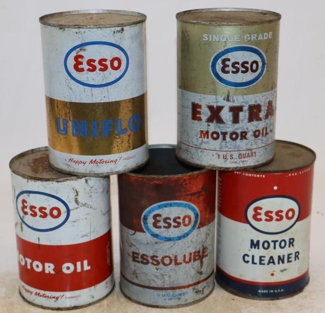 Group of 5 Different Esso One Quart Metal Oil Cans: Empty. 32oz each