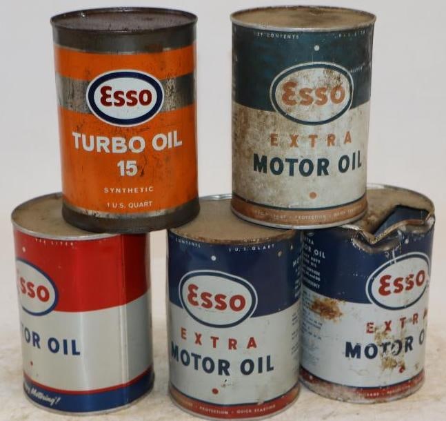 Group of 5 Esso One Quart Metal and Aluminum Oil Cans: Empty. 32oz each