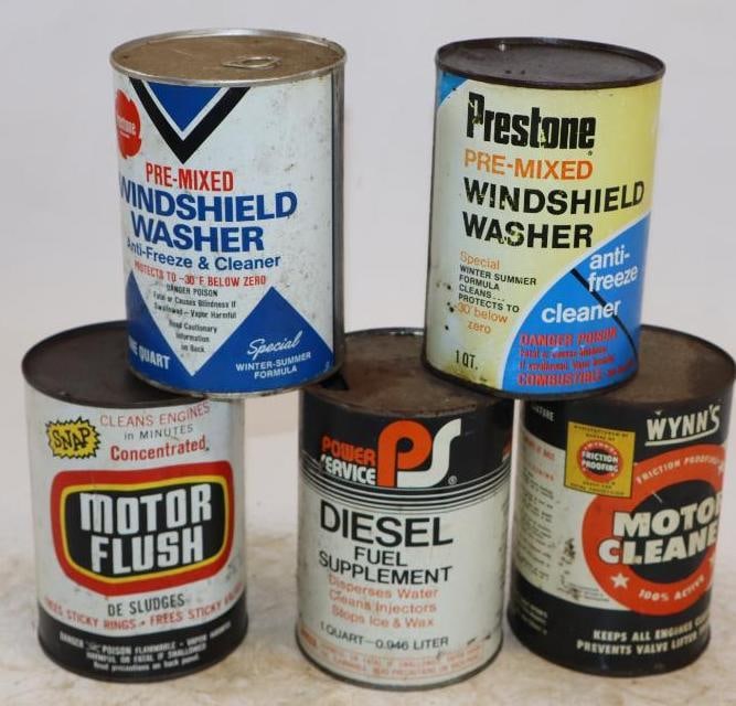 Group of 5 Metal Oil Additive and Windshield Washer Fluid One Quart Metal Oil Cans: Empty. 32oz each