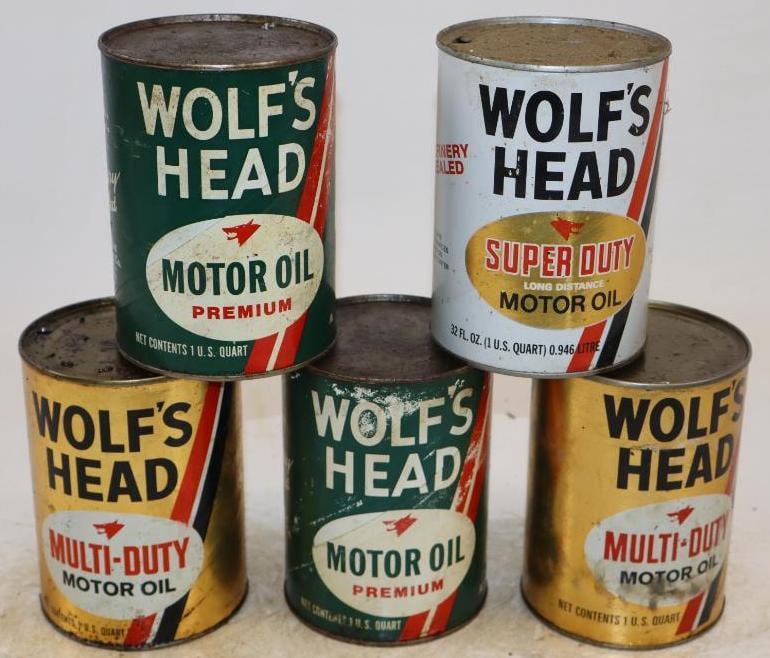Group of 5 Wolf's Head One Quart Composite Oil Cans: Empty. 32oz each