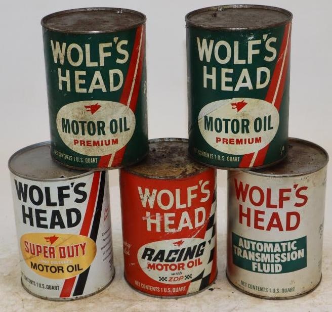Group of 5 Wolf's Head One Quart Composite Oil Cans: Empty. 32oz each