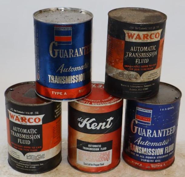Group of 5 Warco, DeKent, and Guaranteed ATF One Quart Composite Oil Cans: Empty. 32oz each