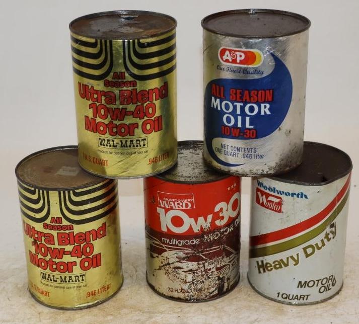 Group of 5 Montgomery Wards, Walmart, Wool Worth, and AMP One Quart Composite Oil Cans: Empty. 32oz each