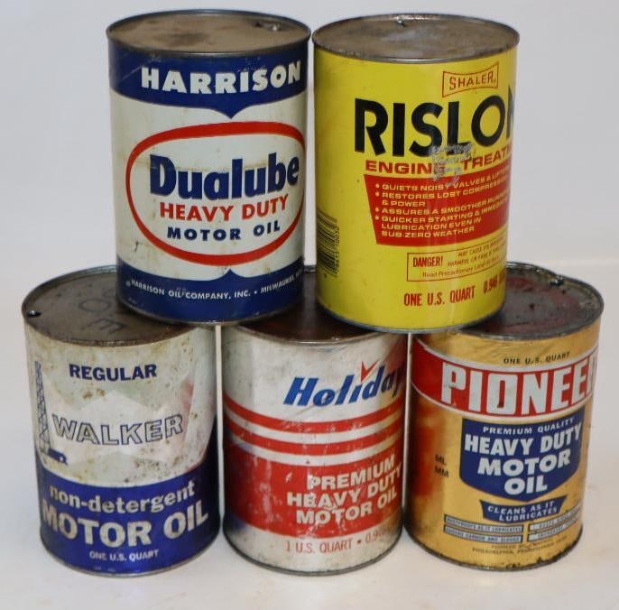 Group of 5 Walker, Pioneer, Harrison, Holiday, and Rislone One Quart Composite Oil Cans: Empty. 32oz each
