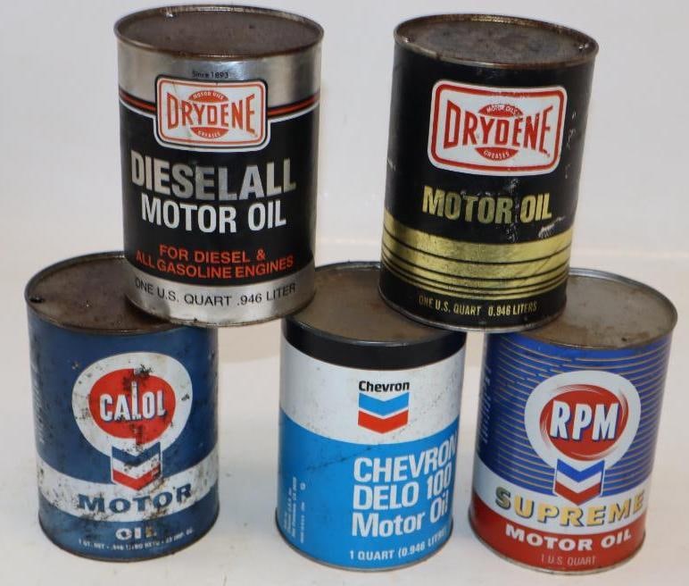 Group of 5 RPM, Chevron, and Drydene One Quart Composite Oil Cans: Empty. 32oz each