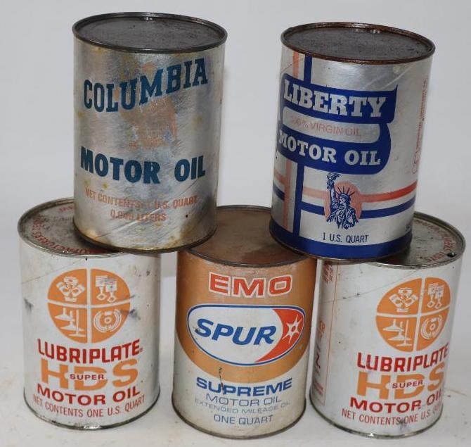Group of 5 Columbia, Liberty, Supr, and Lubriplate One Quart Composite Oil Cans: Empty. 32oz each