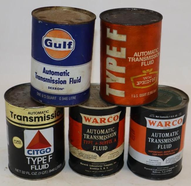 Group of 5 Warco, William Penn, Gulf, and Citgo ATF One Quart Composite Oil Cans: Empty. 32oz each