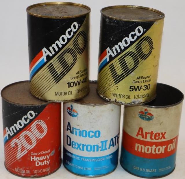 Group of 5 Amoco One Quart Composite Oil Cans: Empty. One is missing top lid. 32oz each
