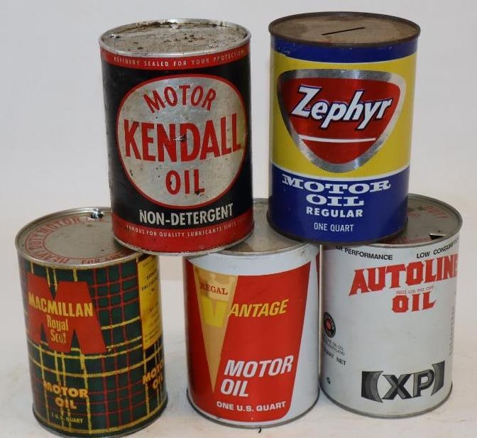 Group of 5 Kendall, Mac Millan, Vantage, Zephyr, and Autoline One Quart Composite Oil Cans (1 of 2)