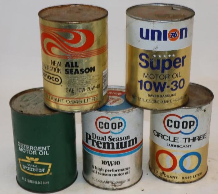 Group of 5 William Penn, Conoco, Co-Op, and Union 76 One Quart Composite Oil Cans (1 of 2)