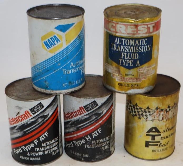 Group of 5 Napa, Motorcraft, Allstate, and Crest ATF One Quart Composite Oil Cans: Empty. 32oz each