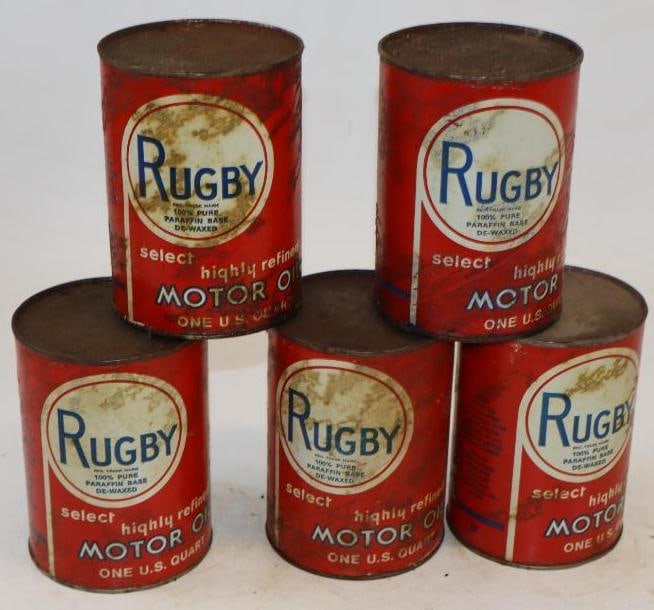 Group of 5 Rugby One Quart Composite Oil Cans: Empty. 32oz each